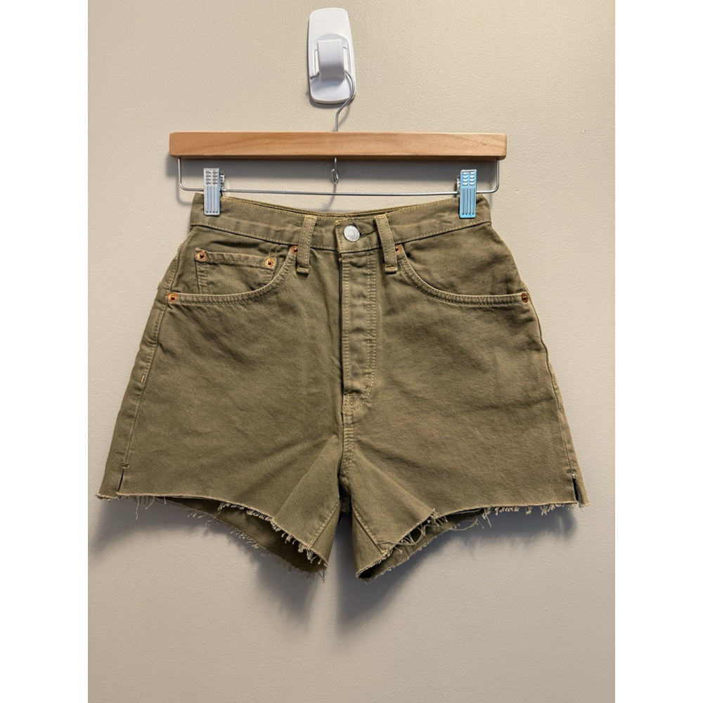 RE/DONE 50s Cutoff Denim‎ Shorts Button Fly Sage Green Vintage Look Size 23 NWT